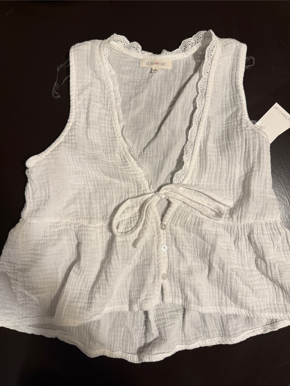 Ultra Flirt White Lace-Trim Tie-Front Cotton Gauze Camisole